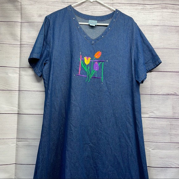 Vintage 90s Denim Maxi Dress Embroidered Women's Size Size L. - Picture 4 of 10